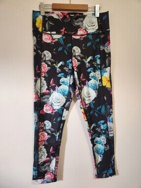 ZYIA Active Dark Floral Hummingbird Mesh Panel High Rise Leggings Plus 16-18